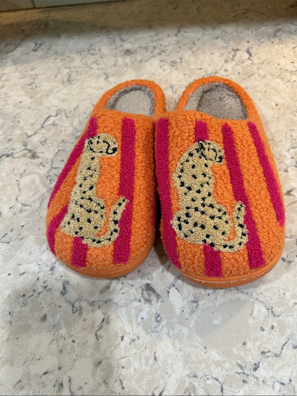 Women's Orange & Pink Leopard Embroidered Slip-On Slippers NWOT